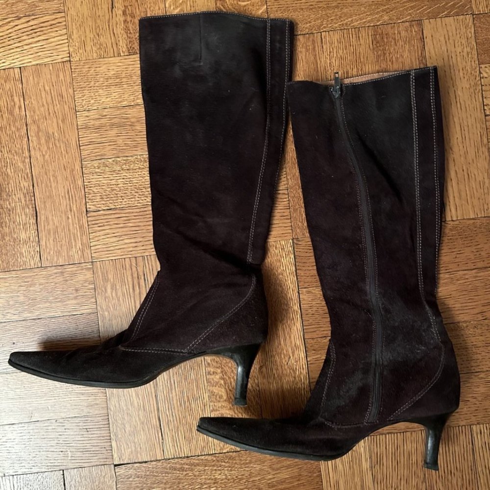 Brown suede J. Crew boots, spike heel, size 7.5